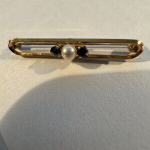 Vintage Krementz Bar Pin Pearl & Sapphire Gold Overlay